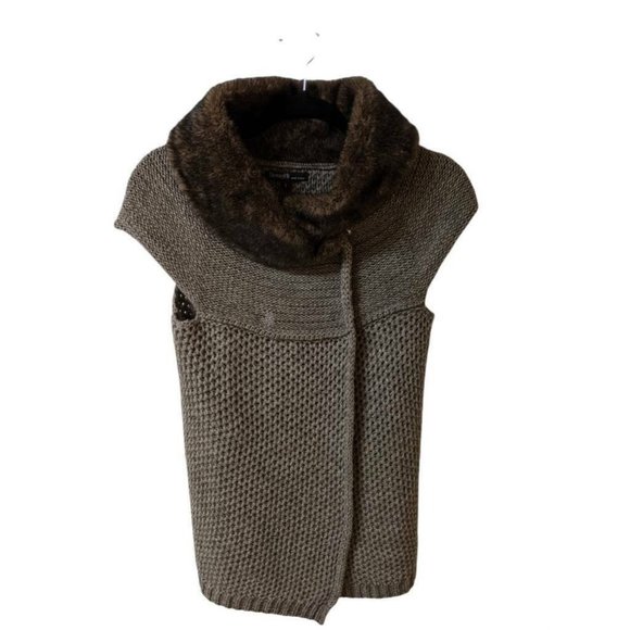 Berretti Womens Italian Sleeveless Cardigan Sweater Brown Faux Fur Collar Size S - Picture 1 of 12